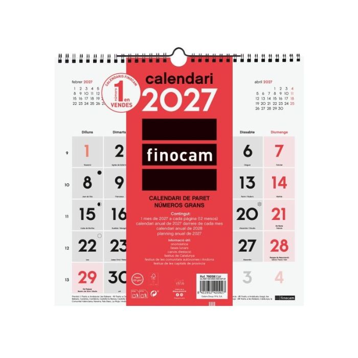 Finocam Neutro Calendario de Pared en Catalan - Anual 2027 - Mes Vista - 300x300mm - Espiral Doble - Papel de 120g/m2 - Numeros