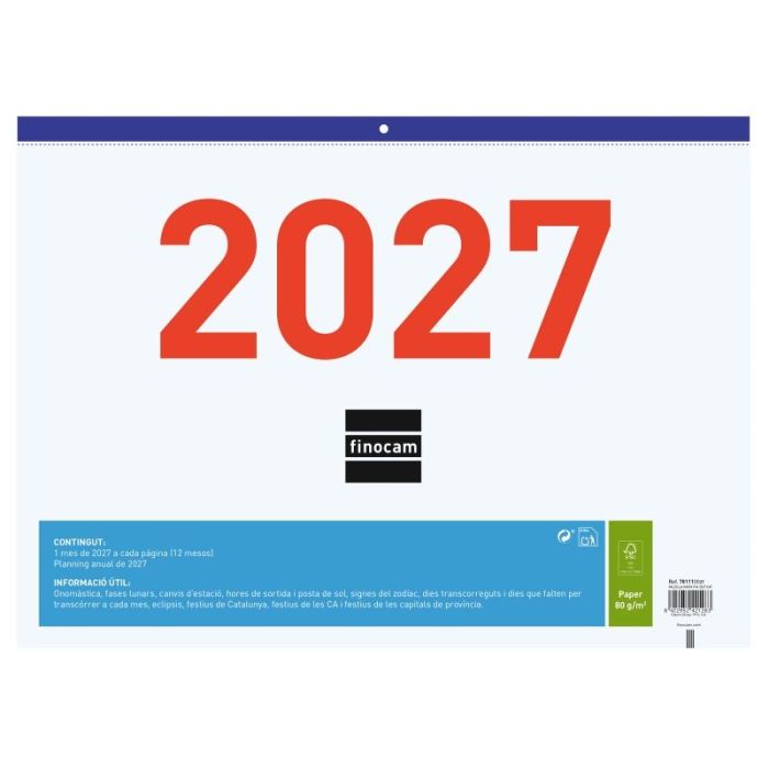 Finocam Calendario Faldilla en Catalan - Anual 2027 - Mes Vista - Formato F94 - 430x310mm - Papel de 80g/m2 Microperforado - Num