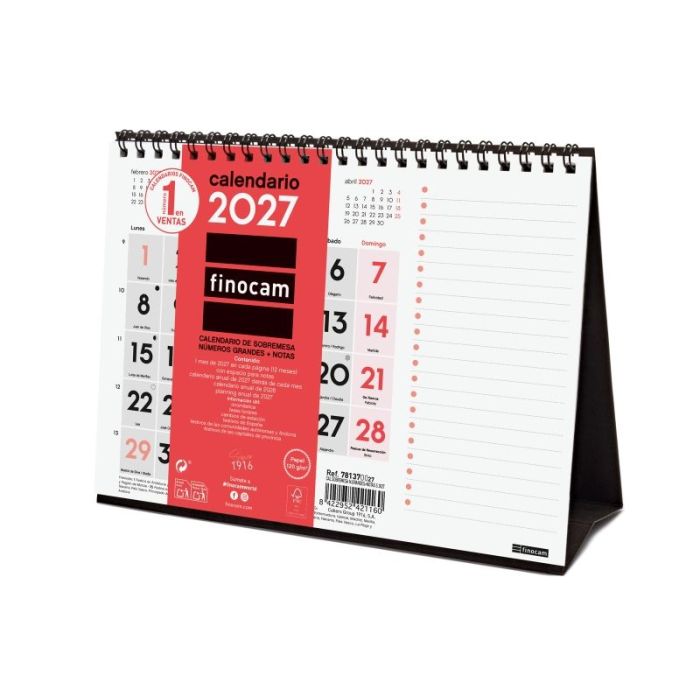 Finocam Neutro Calendario de Sobremesa - Anual 2027 - Mes Vista - Formato S - 210x150mm - Espiral Doble - Papel de 120g/m2 - Num