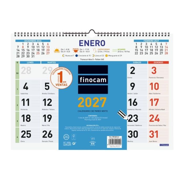 Finocam Color Calendario de Pared - Anual 2027 - Mes Vista - Formato L - 430x310mm - Espiral Doble - Papel de 120g/m2 - Color Az