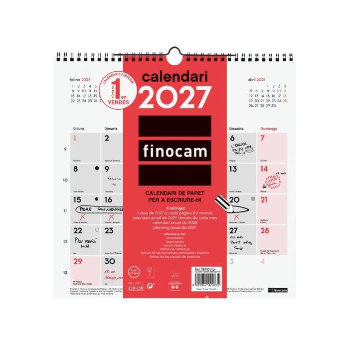 Finocam Neutro Calendario de Pared en Catalan - Anual 2027 - Mes Vista - 300x300mm - Espiral Doble - Papel de 120g/m2 - Espacio