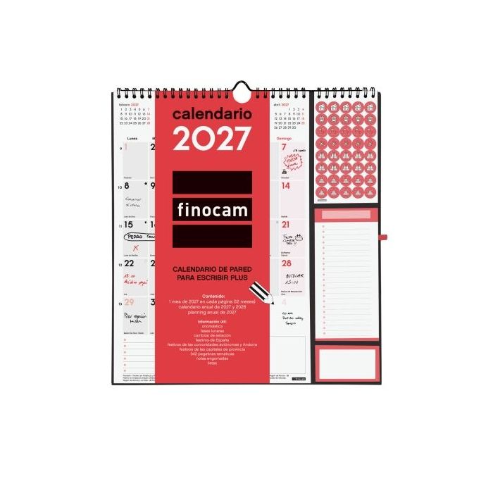 Finocam Neutro Calendario de Pared - Anual 2027 - Mes Vista - 300x340mm - Espiral Doble - Papel de 140g/m2 - Espacio para Escrib