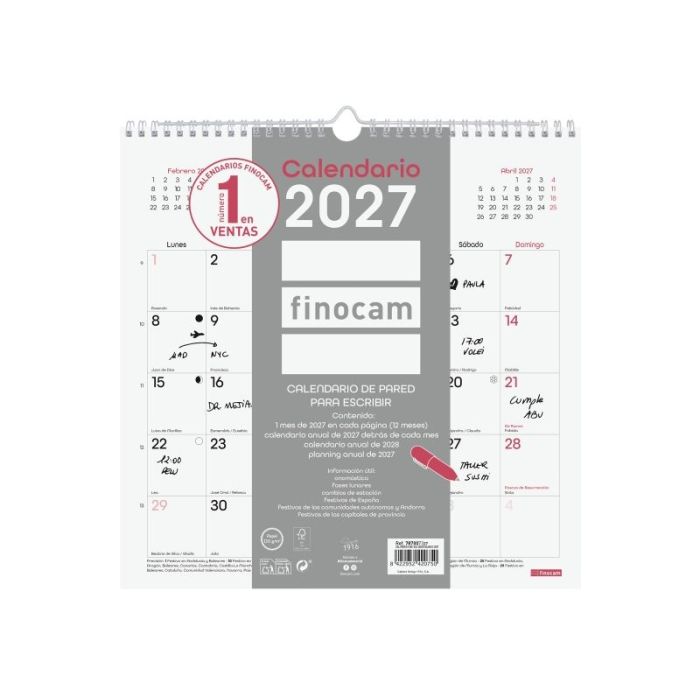 Finocam Chic Calendario de Pared - Anual 2027 - Mes Vista - 300x300mm - Espiral Doble - Papel de 120g/m2 - Espacio para Escribir
