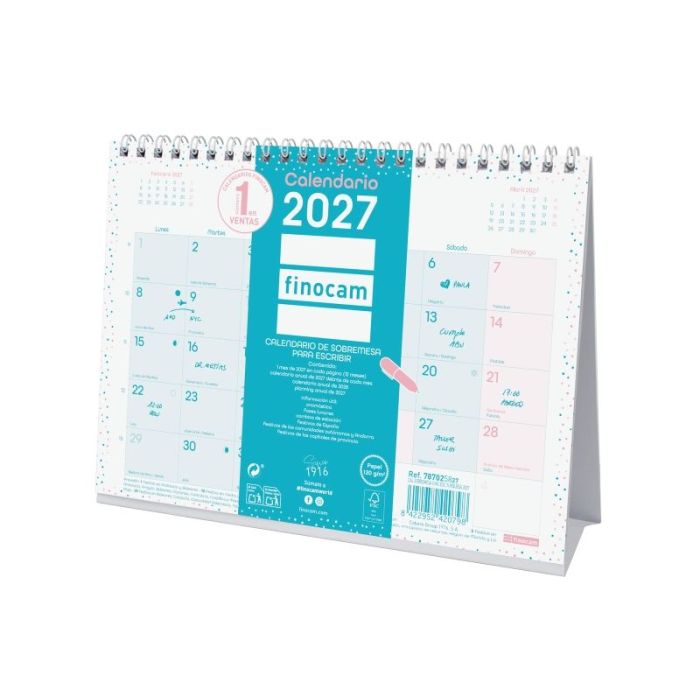 Finocam Trendy Chic Calendario de Sobremesa - Anual 2027 - Mes Vista - Formato S - 210x150mm - Espiral Doble - Papel de 120g/m2