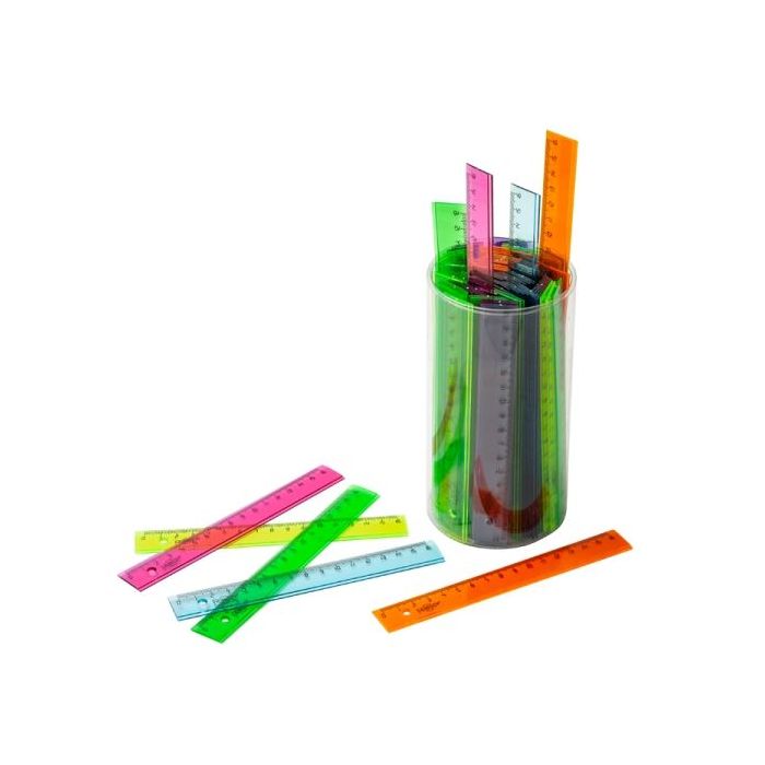 Faibo Bote con 100 Reglas Escolares de 16cm - Colores Fluor Tranparentes Surtidos