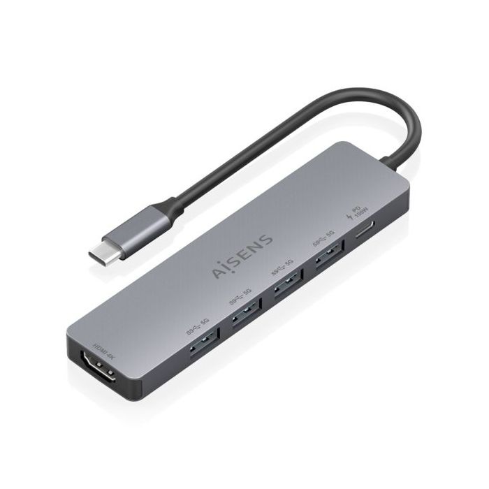 Aisens USB-C Dock 6 en 1 - USB-C a 1xHDMI - 4xUSB-A - 1xUSB-C PD 100W - 15cm - Color Gris