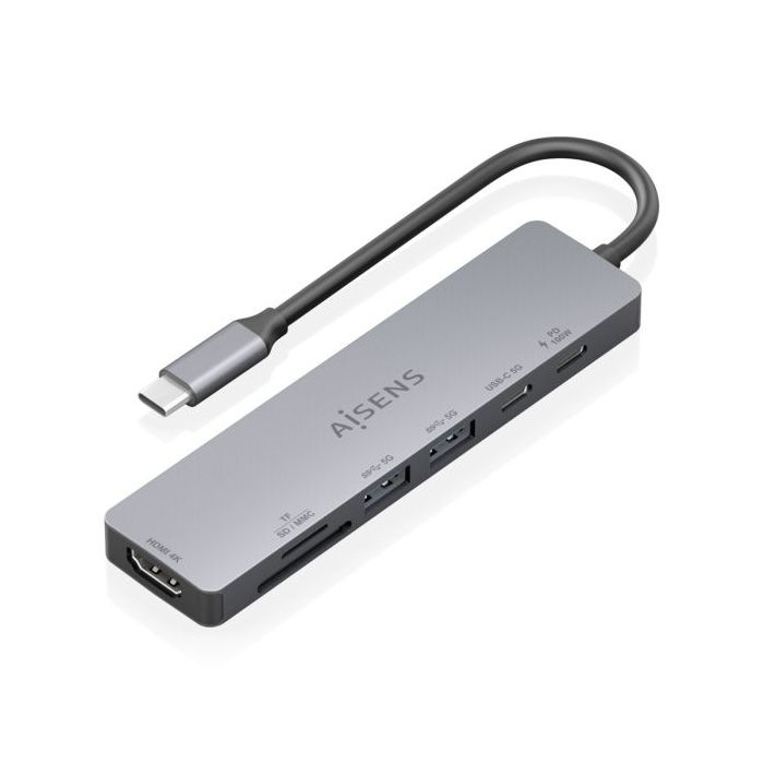 Aisens USB-C Dock 7 en 1 - USB-C a 1xHDMI - 2xUSB-A - 1xUSB-C - 1xUSB-C PD 100W - 1xSD - 1xMicroSD - 15cm - Color Gris