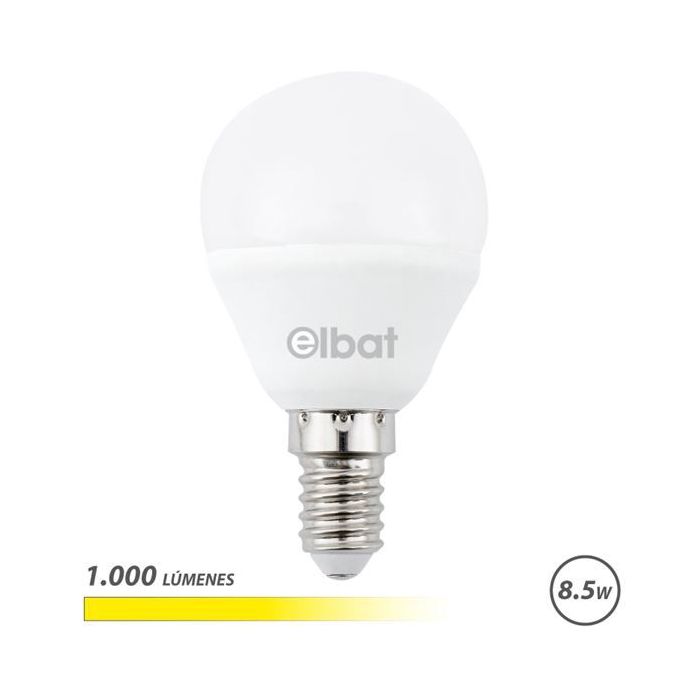 Elbat G45 Bombilla LED - Potencia 8.5W - Flujo Luminoso 1000lm - E14 - Temperatura de Color 3000K - Luz Calida - Apertura 180º -