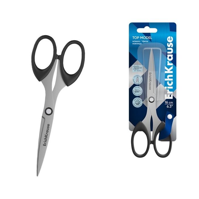 ErichKrause Top Model Tijeras de 16cm - Cuchillas en Forma de Arco - Mangos de Plastico Resistente a Golpes - Afilado Doble - Ac