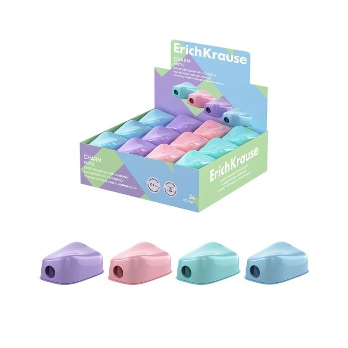 ErichKrause Charm Pastel Expositor con 24 Sacapuntas con Contenedor - Plastico - Cuchilla Niquelada de Acero al Carbono - Orific