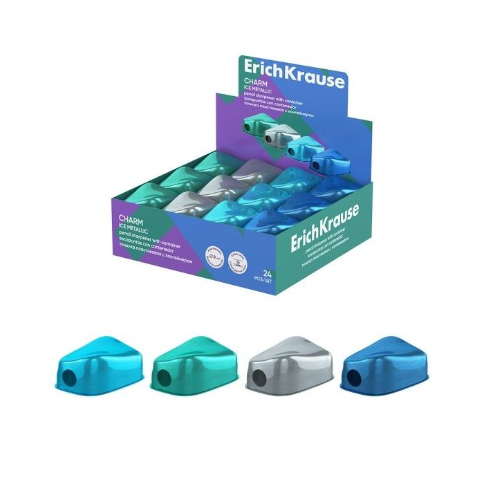 ErichKrause Charm Ice Metallic Expositor con 24 Sacapuntas con Contenedor - Plastico - Cuchilla Niquelada de Acero al Carbono -