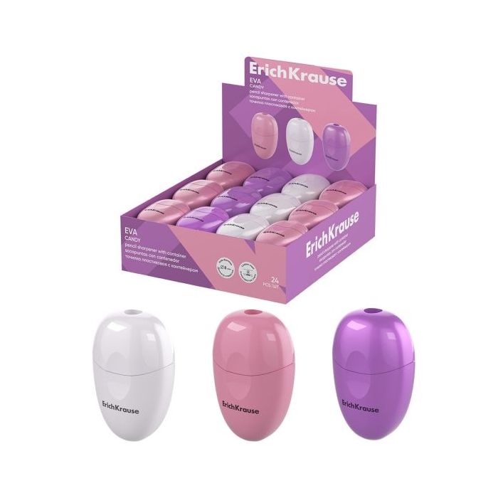 ErichKrause Eva Candy Expositor con 24 Sacapuntas con Contenedor - Plastico - Cuchilla Niquelada de Acero al Carbono - Orificio