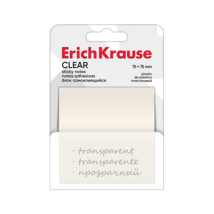 ErichKrause Clear Bloc de 50 Notas Adhesivas Reposicionables - Plastico - 75x75mm - Pegamento a Base de Agua - Color Transparent