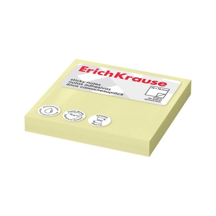ErichKrause Bloc de 100 Notas Adhesivas Reposicionables - Papel de 75g/m2 - 75x75mm - Pegamento a Base de Agua - Color Amarillo