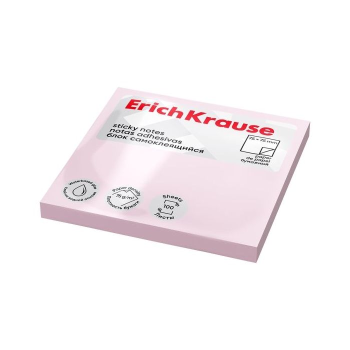ErichKrause Bloc de 100 Notas Adhesivas Reposicionables - Papel de 75g/m2 - 75x75mm - Pegamento a Base de Agua - Color Rosa