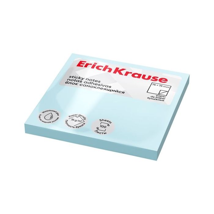ErichKrause Bloc de 100 Notas Adhesivas Reposicionables - Papel de 75g/m2 - 75x75mm - Pegamento a Base de Agua - Color Azul