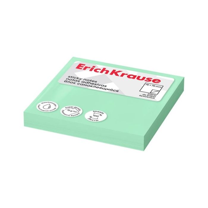 ErichKrause Bloc de 100 Notas Adhesivas Reposicionables - Papel de 75g/m2 - 75x75mm - Pegamento a Base de Agua - Color Verde
