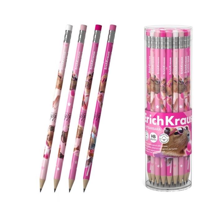 ErichKrause CapyBarbara Lapiz de Grafito con Goma de Borrar - Mina HB - Cuerpo Redondo - Plastico - Agarre Ergonomico - Colores