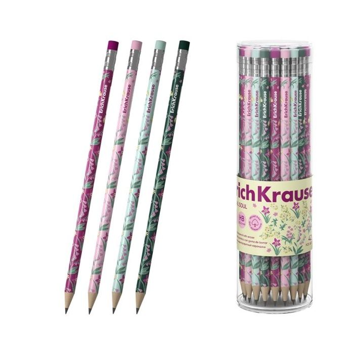 ErichKrause Floral Soul Lapiz de Grafito con Goma de Borrar - Mina HB - Cuerpo Redondo - Plastico - Agarre Ergonomico - Colores
