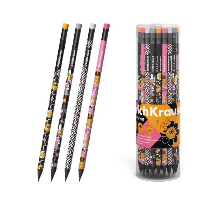 ErichKrause Positive Vibe Lapiz de Grafito con Goma de Borrar - Mina HB - Cuerpo Redondo - Plastico - Colores Surtidos