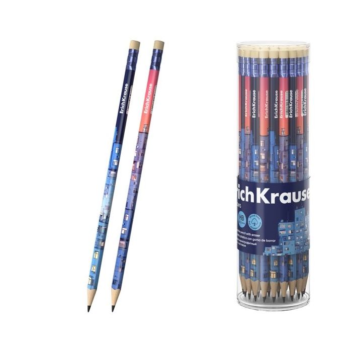 ErichKrause Windows Lapiz de Grafito con Goma de Borrar - Mina HB - Cuerpo Triangular - Plastico - Colores Surtidos
