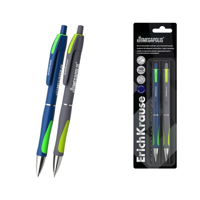 ErichKrause Megapolis Pack de Boligrafo Retractil y Portaminas - Punta de 0.7mm - Trazo 0.35mm - Mina HB 0.5mm - Color Azul