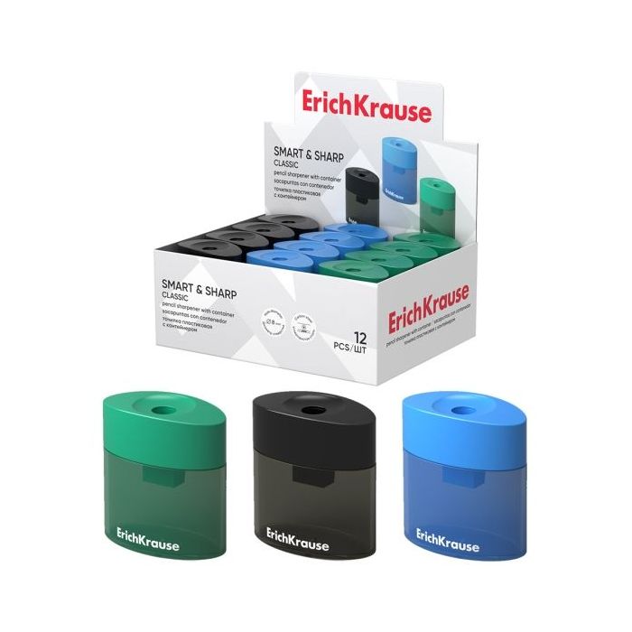 ErichKrause SMART and SHARP Expositor con 16 Sacapuntas con Contenedor - Plastico - Cuchilla Niquelada de Acero al Carbono - Ori