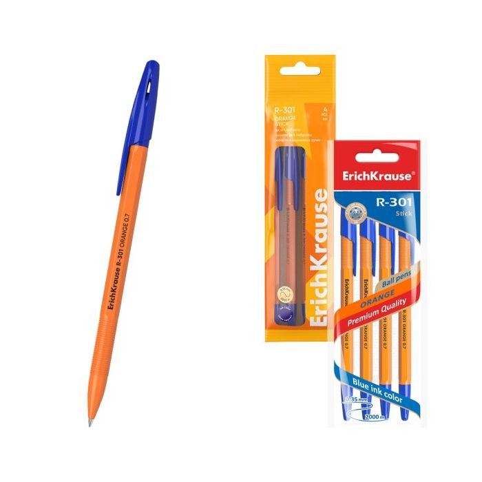 ErichKrause R-301 Stick Orange Pack de 4 Boligrafos con Capuchon - Punta de 0.7mm - Cuerpo Opaco Naranja - Trazo 0.35mm - Color