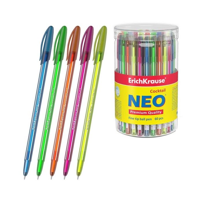 ErichKrause Neo Stick Cocktail Boligrafo con Capuchon - Modelos Surtidos - Trazo 0.26mm - Tinta de Baja Viscosidad - Color Azul