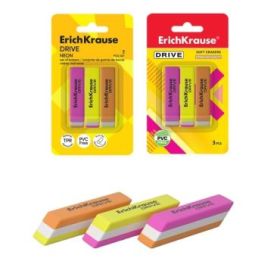 ErichKrause Drive Neon Pack de 3 Gomas de Borrar - Caucho Termoplastico - Hipoalergenico - No Deja Residuos - Libre de PVC - Col