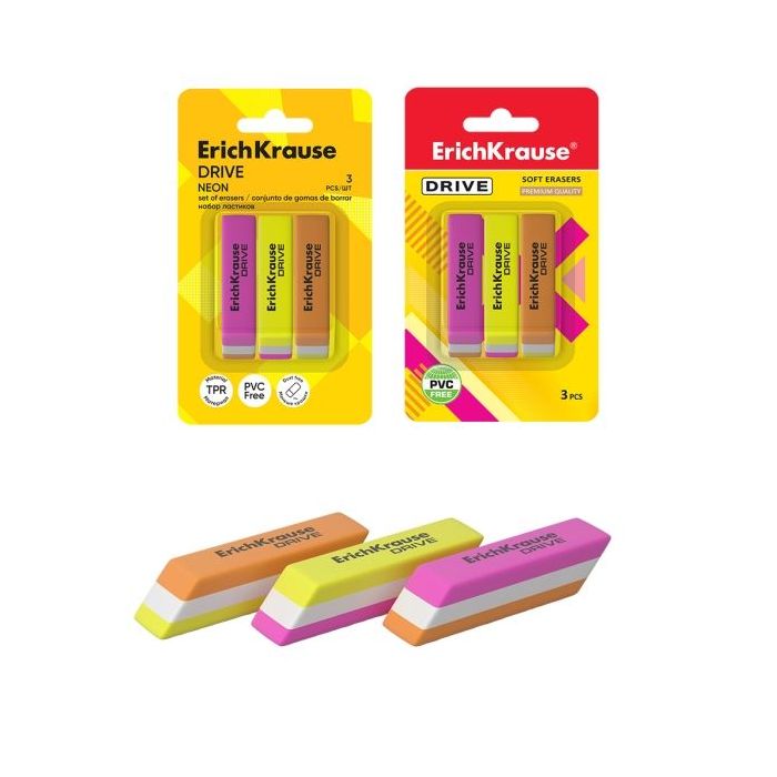 ErichKrause Drive Neon Pack de 3 Gomas de Borrar - Caucho Termoplastico - Hipoalergenico - No Deja Residuos - Libre de PVC - Col