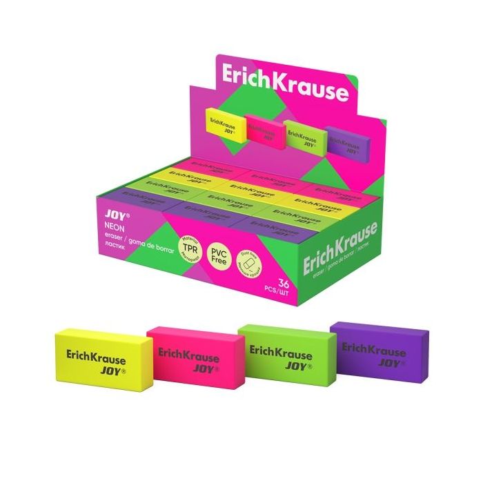 ErichKrause JOY Neon Expositor con 36 Gomas de Borrar - Caucho Termoplastico - Hipoalergenico - Libre de PVC - Colores Surtidos