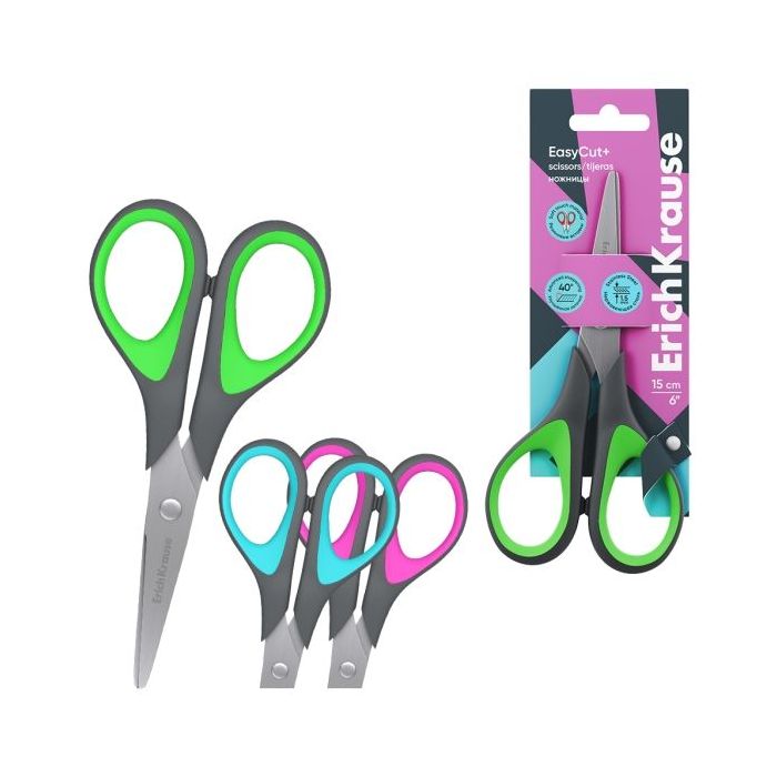 ErichKrause EasyCut+ Tijeras de 15cm - Mangos de Plastico y Goma Antideslizante - Afilado Doble - Acero Inoxidable - Colores Sur