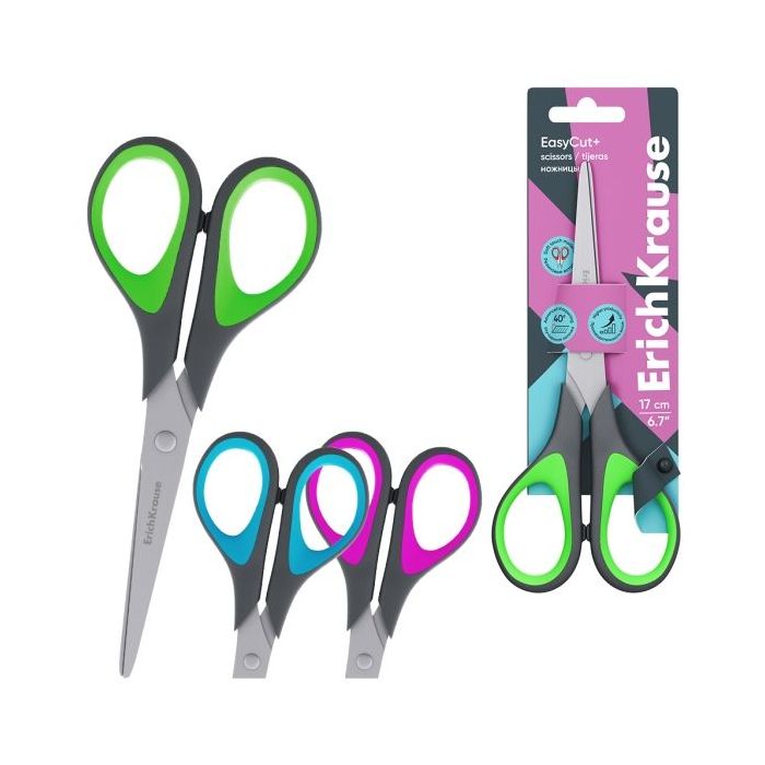 ErichKrause EasyCut+ Tijeras de 17cm - Mangos de Plastico y Goma Antideslizante - Afilado Doble - Acero Inoxidable - Colores Sur