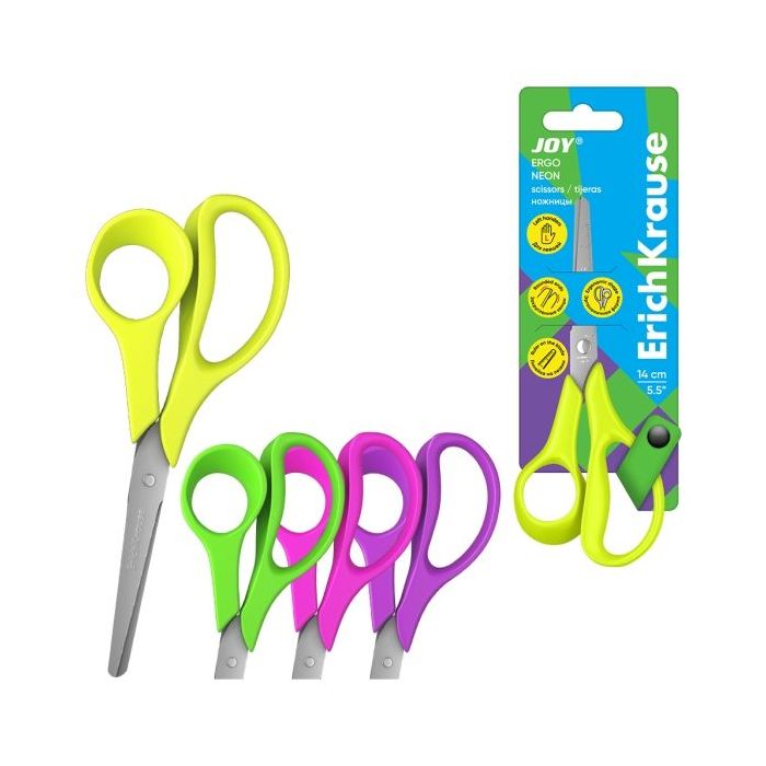 ErichKrause JOY Ergo Tijeras de 14cm para Zurdos - Puntas Redondeadas - Regla de 5cm en la Hoja - Mangos de Plastico Resistente