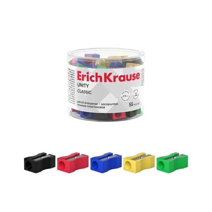 ErichKrause Unity Sacapuntas de Plastico - Cuchilla Niquelada de Acero al Carbono - Orificio de 8mm - Colores Surtidos