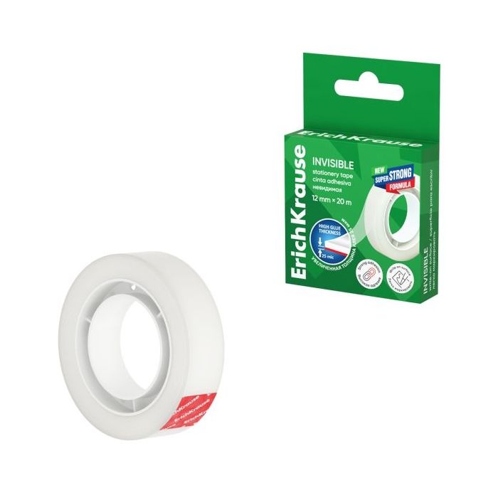 ErichKrause Invisible Cinta Adhesiva - Alta Adhesion - 12mm de Ancho - 20 Metros - Superficie Mate Antideslumbrante - Color Tran