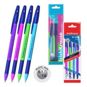 ErichKrause R-301 Stick and Grip Neon Pack de 4 Boligrafos con Capuchon - Modelos Surtidos - Trazo 0.5mm - Zona de Agarre de Gom