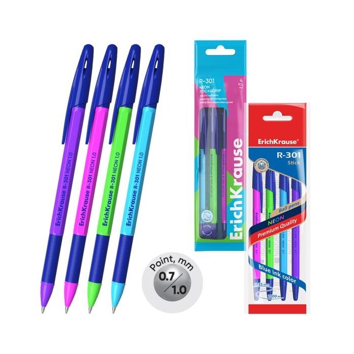 ErichKrause R-301 Stick and Grip Neon Pack de 4 Boligrafos con Capuchon - Modelos Surtidos - Trazo 0.5mm - Zona de Agarre de Gom