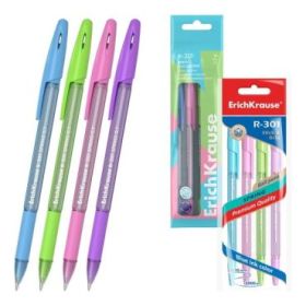 ErichKrause R-301 Stick and Grip Spring Pack de 4 Boligrafos con Capuchon - Modelos Surtidos - Trazo 0.35mm - Zona de Agarre de