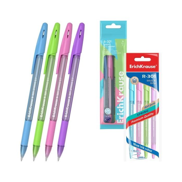 ErichKrause R-301 Stick and Grip Spring Pack de 4 Boligrafos con Capuchon - Modelos Surtidos - Trazo 0.35mm - Zona de Agarre de