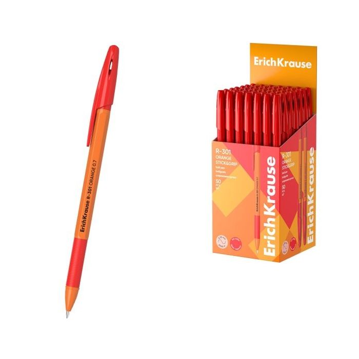 ErichKrause R-301 Stick and Grip Orange Boligrafo con Capuchon - Punta de 0.7mm - Cuerpo Opaco Naranja - Trazo 0.35mm - Zona de