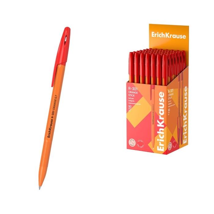 ErichKrause R-301 Stick Orange Boligrafo con Capuchon - Punta de 0.7mm - Cuerpo Opaco Naranja - Trazo 0.35mm - Color Rojo