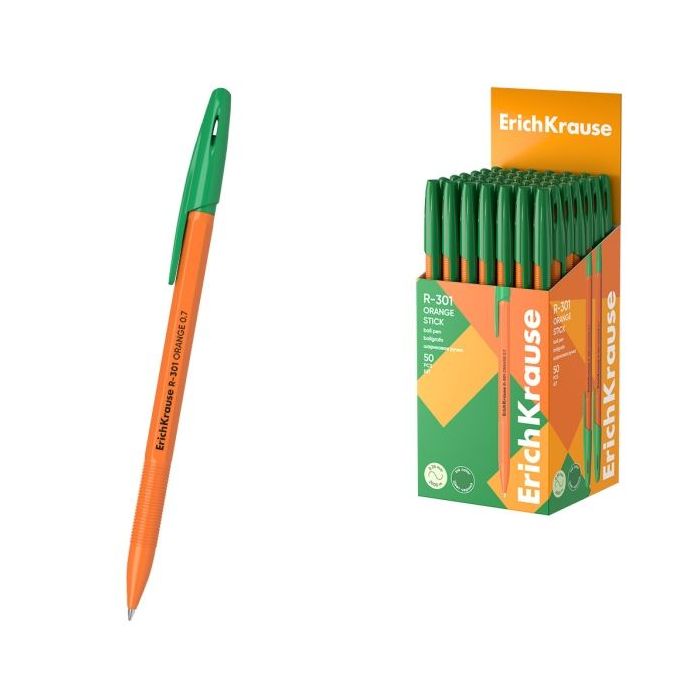 ErichKrause R-301 Stick Orange Boligrafo con Capuchon - Punta de 0.7mm - Cuerpo Opaco Naranja - Trazo 0.35mm - Color Verde