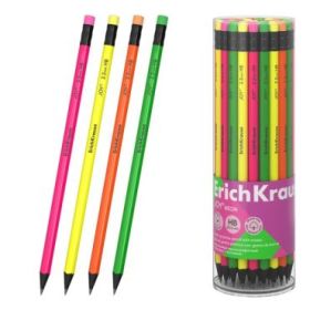 ErichKrause JOY Neon Lapiz de Grafito con Goma de Borrar - Mina HB - Cuerpo Redondo - Plastico - Agarre Ergonomico - Colores Sur