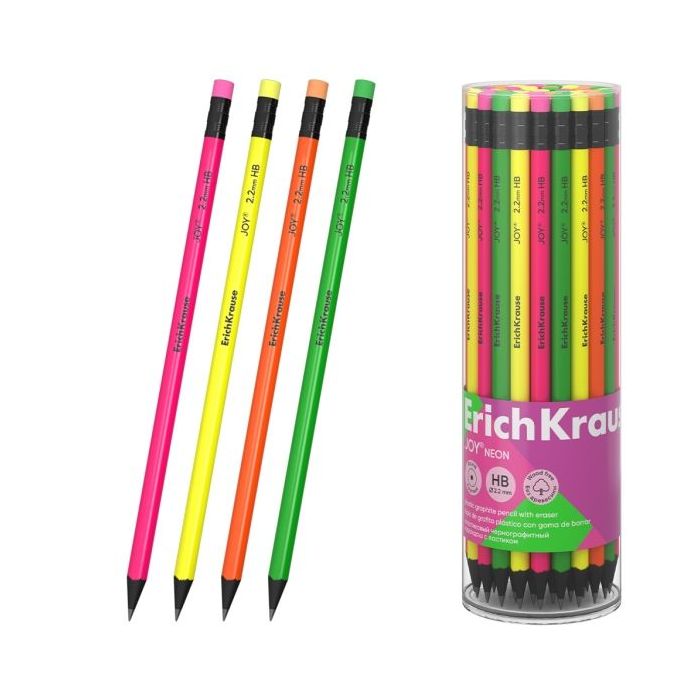 ErichKrause JOY Neon Lapiz de Grafito con Goma de Borrar - Mina HB - Cuerpo Redondo - Plastico - Agarre Ergonomico - Colores Sur