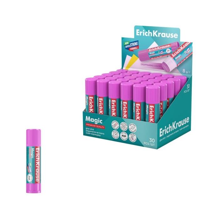 ErichKrause Magic Expositor con 30 Pegamentos en Barra - 8g - No Toxico - Multisuperficie - Color Violeta