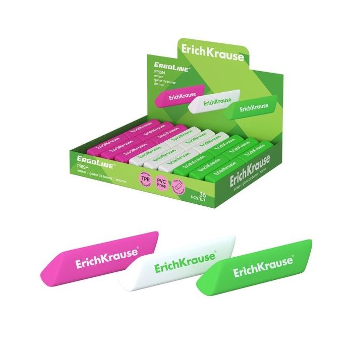 ErichKrause ErgoLine Prism Expositor con 36 Gomas de Borrar - Caucho Termoplastico - Hipoalergenico - No Deja Residuos - Libre d