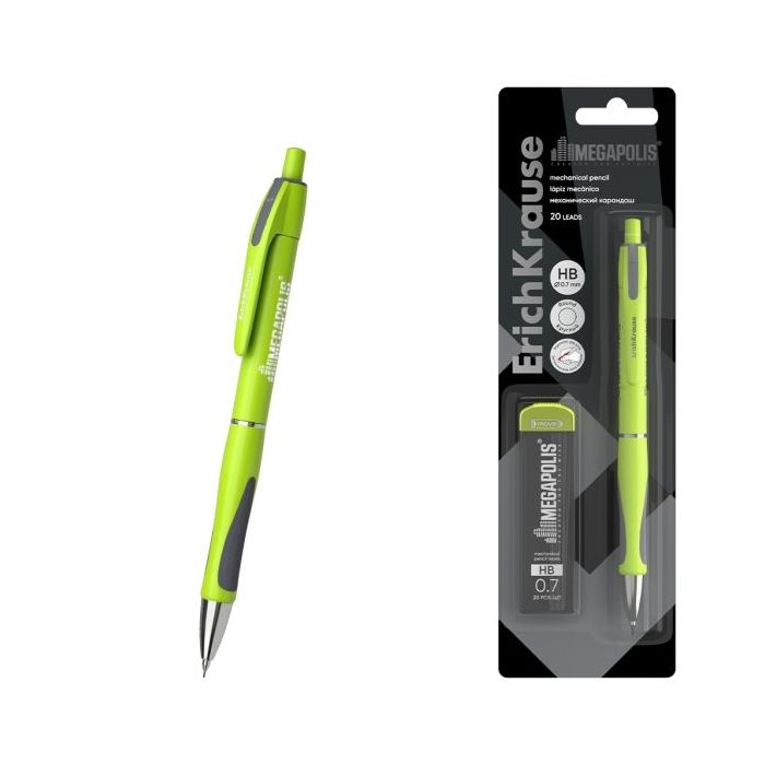 ErichKrause MEGAPOLIS Concept Portaminas - Mina HB de 0.7mm - 20 Minas de Repuesto - Agarre de Goma - Ergonomico - Color Verde