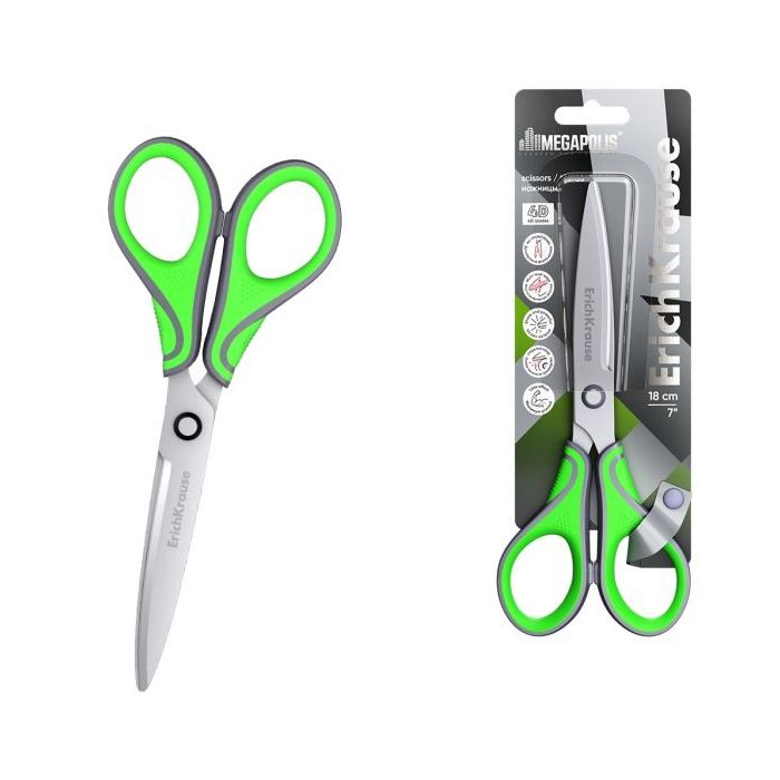 ErichKrause Megapolis Tijeras de 18cm - Mangos de Plastico y Goma Antideslizante - Acero Inoxidable - Ergonomicas - Color Verde